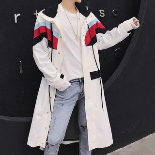 Long Stand Collar Color Block Hooded Coat