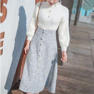 Set: Mock Neck Embellished Sweater + Midi A-line Skirt