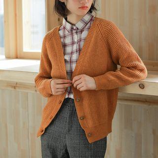 Plain V-neck Cardigan Pumpkin - One Size