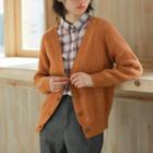 Plain V-neck Cardigan Pumpkin - One Size