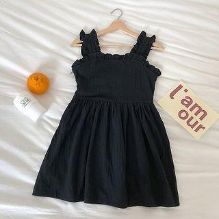 Plain Ruffled-trim Sleeveless Dress Black - One Size