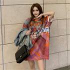 Printed Elbow-sleeve T-shirt Dress As Shown In Figure - One Size