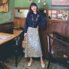 Floral Embroidered Cardigan / Floral Midi A-line Skirt