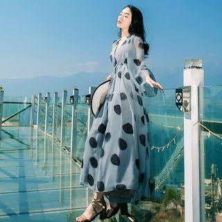 Long-sleeve Dotted Wide-leg Jumpsuit