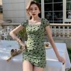 Balloon-sleeve Butterfly Print Mini A-line Dress
