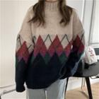 Argyle Mock-neck Sweater Off-white & Red & Dark Blue - One Size