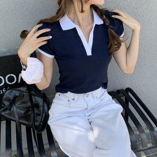Polo-collar Color Block Top