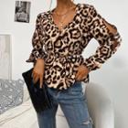 Leopard Print Long Sleeve Wrapped Front Top