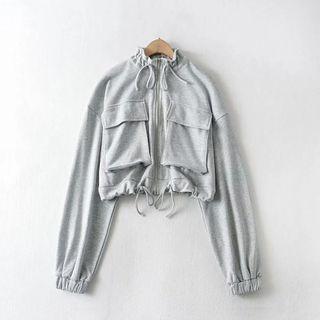 Long Sleeve Tip Strap Cropped Plain Zip Jacket