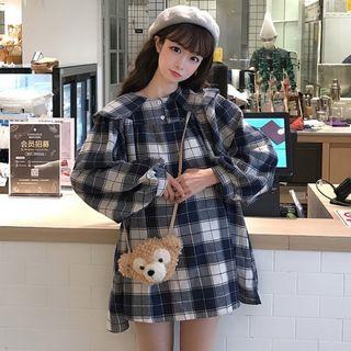 Plaid Peter Pan Collar Puff-sleeve Dress