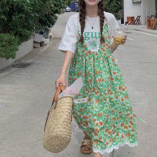 Floral Print Midi A-line Overall Dress Green - One Size