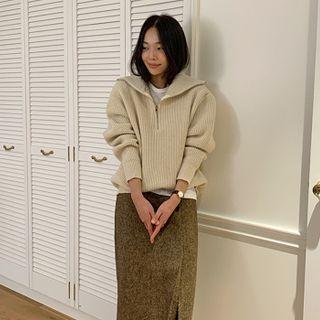 Collared Zip-up Rib-knit Top