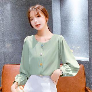 Button-accent Long-sleeve Chiffon Blouse