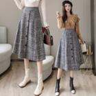 Woolen Plaid Button A-line Maxi Skirt