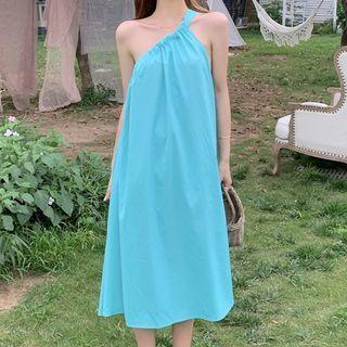 One Shoulder Midi A-line Dress Aqua Blue - One Size