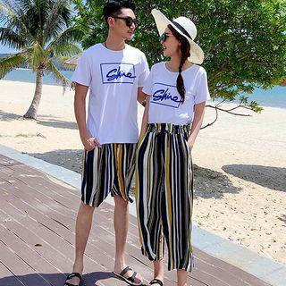 Couple Matching Short-sleeve Letter T-shirt / Striped Shorts / Pants / Set