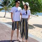 Couple Matching Short-sleeve Letter T-shirt / Striped Shorts / Pants / Set