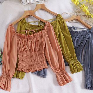 Off-shoulder Smocked Bell-sleeve Crop Top