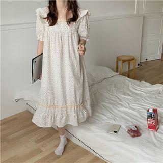 Puff-sleeve Ruffled Floral Print Sleep Dress