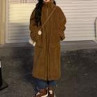 Long-sleeve Plain Fleece Long Coat Brown - One Size