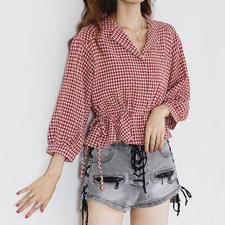 3/4-sleeve Checked Blouse Plaid - Red - One Size