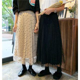 Dotted Sheer Overlay Pleated Midi Skirt