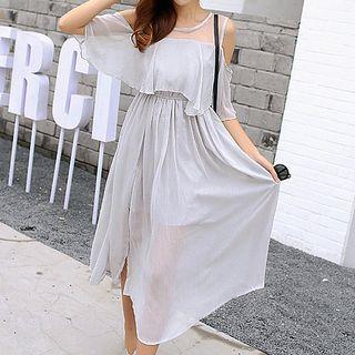 Elbow-sleeve Shoulder Cut Out Pleated Midi Dress