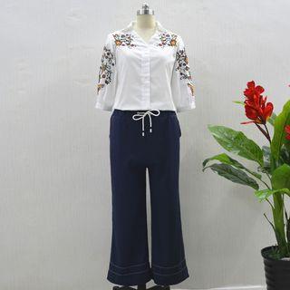 Set: 3/4-sleeve Embroidered Shirt + Wide-leg Pants