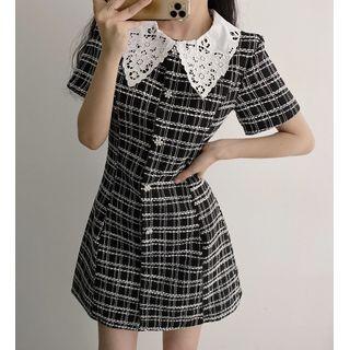 Short-sleeve Plaid Button-up Mini Dress Black - One Size