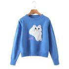 Long Sleeve Cat Embroidered Loose-fit Sweater Blue - One Size