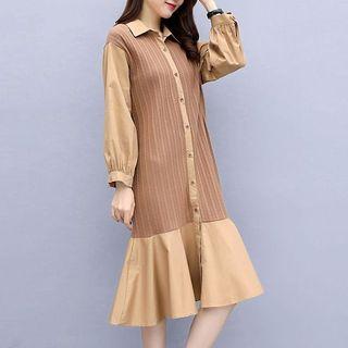 Long-sleeve Striped Panel A-line Shirtdress