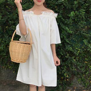 Frill Trim Off-shoulder Elbow-sleeve Dress