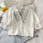 Patchwork Lace-panel Plain Blouse White - One Size