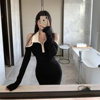 Long-sleeve Cold-shoulder Polo Knit Mini Dress