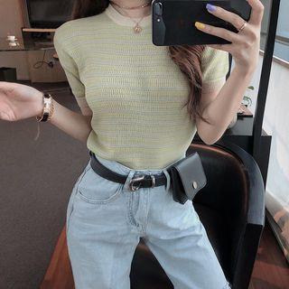 Short-sleeve Contrast Trim Striped Knit Top