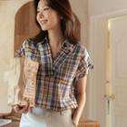 Rollup Cap-sleeve V-neck Plaid Shirt