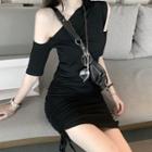 One-shoulder Elbow-sleeve Mini Sheath Dress