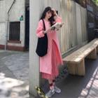 Long-sleeve Slit T-shirt / Crinkled Midi A-line Skirt