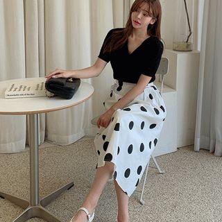 Pintuck-waist Polka-dot Skirt