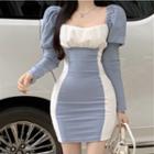 Puff-sleeve Two-tone Bodycon Dress