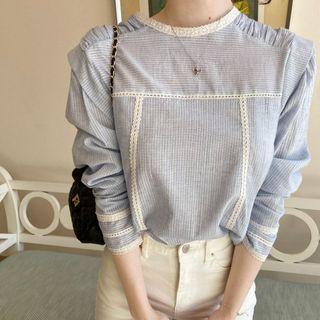 Lace Trim Striped Blouse Blue - One Size