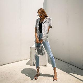 Button-back Checked Linen Blend Jacket