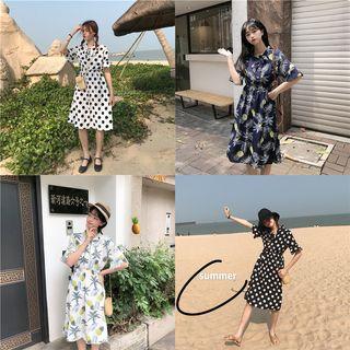 Short-sleeve Tie-neck Print Dress