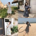 Short-sleeve Tie-neck Print Dress