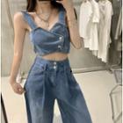 Denim Cropped Camisole Top / Wide-leg Jeans