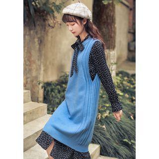 Set: Heart Printed Long-sleeve Dress + Sleeveless Knit Dress