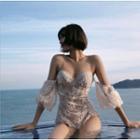 Elbow-sleeve Cold Shoulder Open-back Lace Swimsuit