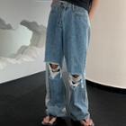 Two-tone Distressed Loose Fit Jeans