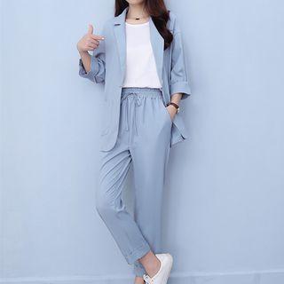 Set: 3/4-sleeve Blazer + Cropped Straight Fit Pants
