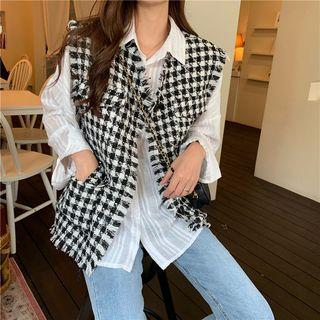 Plain Long-sleeve Loose-fit Shirt / Houndstooth Vest